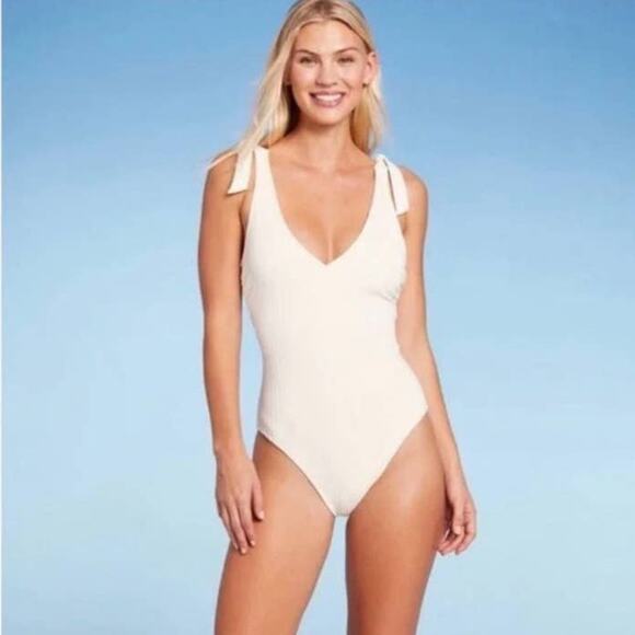 Shade & Shore Ribbed Deep V-Neck tie straps Low Coverage Off-White small NWTs - Picture 1 of 14